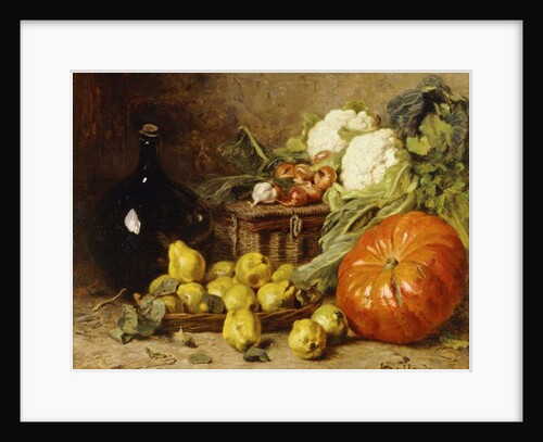 A Still Life with a Wine Flagon, a Basket, Pears, Onions, Cauliflowers, Cabbages, Garlic and a Pumpkin by Eugene Claude
