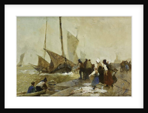 A Busy Quayside in Brittany with Fishing Boats Returning by Hector Caffieri