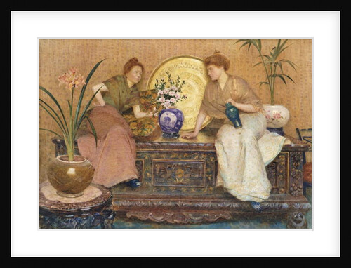 Two Ladies Sitting on a Chest by a Cairo Ware Tray and a Vase of Flowers by Hector Caffieri