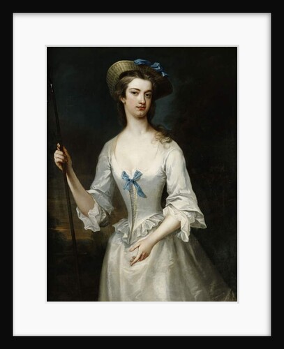 Portrait of a Lady, Possibly the Duchess of Ancaster, Three-Quarter Length, as a Shepherdess, in a White Satin Dress and Bonnet, in a Landscape by Charles Jervas