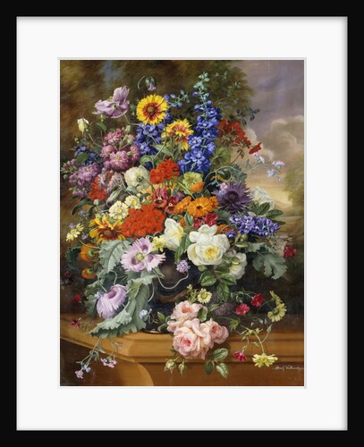 Still Life with Roses, Delphiniums, Poppies, and Marigolds on a Ledge by Albert Williams