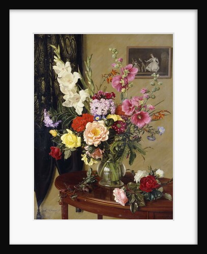 Still Life with Gladioli, Roses and Hollyhocks before an Embroidered Curtain by Albert Williams