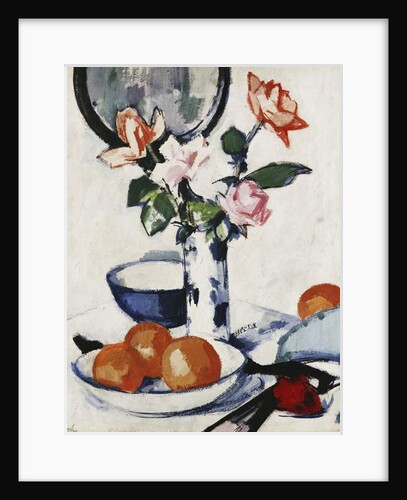 Pink and Tangerine Roses in a Blue and White Beaker Vase with Oranges in a Bowl and a Black Fan, c. 1924 by Samuel John Peploe