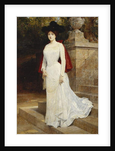 Portrait of a Lady, Standing Full Length, Wearing a Cream Dress and a Red Cloak by Diogene Ulysse Napoleon Maillart