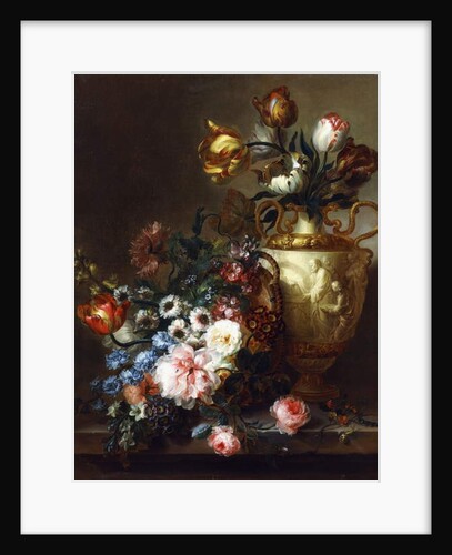 Tulips in a Vase and Roses in a Basket on a Stone Ledge by Ange-Louis-Guillaume Lesourd-Beauregard