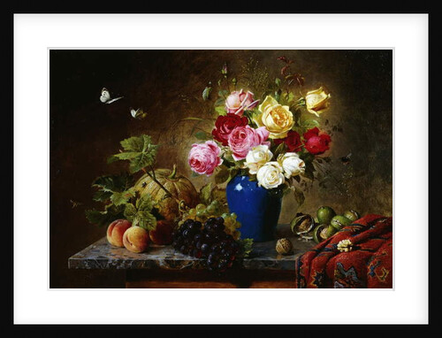 Roses in a Vase, Peaches, Nuts and a Melon on a Marbled Ledge, 1891 by Olaf August Hermansen