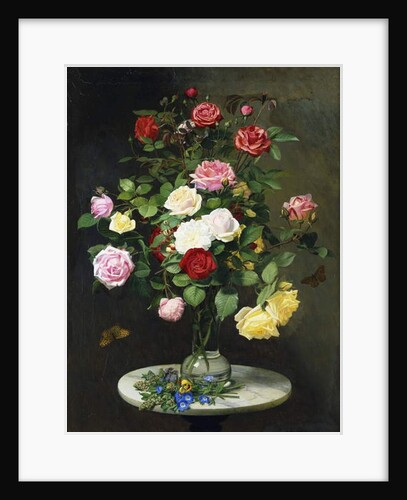 A Bouquet of Roses in a Glass Vase by Wild Flowers on a Marble Table, 1882 by Otto Didrik Ottesen