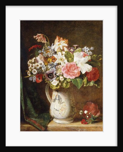 Roses Tulips and other Flowers in a Porcelain Tankard on a Draped Ledge by Alfred Morgan