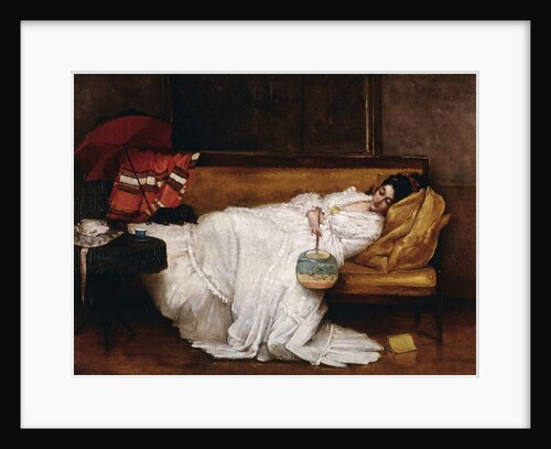 A Girl with a Japanese Fan Asleep on a Sofa, by Alfred Emile Stevens