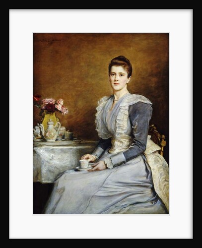 Portrait of Mrs. Joseph Chamberlain, seated three-quarter length at a tea-table, wearing a grey and white dress, 1891 by John Everett Millais
