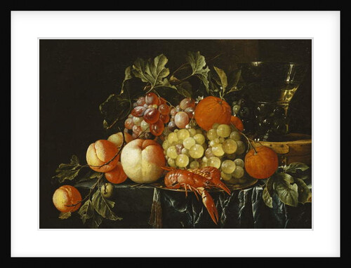 Peaches, Oranges, Grapes and Langoustines on a Pewter Plate and a Conical Roemer on a Box on a Partially Draped Ledge by Cornelis de Heem