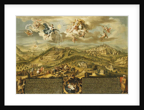 A View of Bethlehem with the Journey of the Magi, the Trinity Above and the Nativity in a Painted Cartouche Below, 1752 by Joseph Stephan
