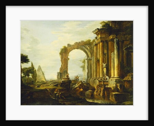 A Capriccio of Classical Ruins with the Pyramid of Cestius and Figures in a Landscape by Giovanni Paolo Pannini