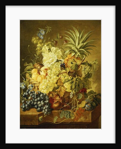 Plums, a Peach, Grapes, a Melon, a Pineapple, a Fig, Currants, Cherries and Flowers in a Basket, and Grapes, a Pomegranate, Plums and a Fig, with Butterflies on a Stone Ledge by Jan van (circle of) Huysum
