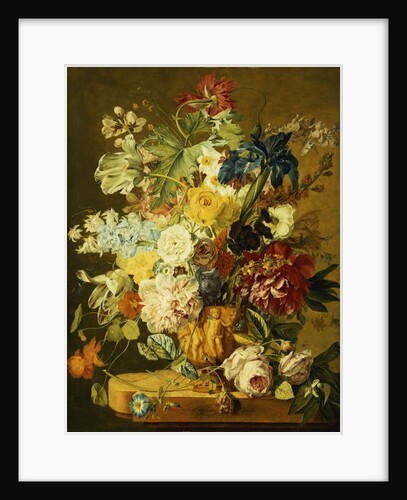 Roses, Peonies, Tulips, Morning Glory, an Iris, Columbine, a Poppy, Jonquils and Other Flowers in a Carved Urn on a Stone Ledge by Jan van Huysum