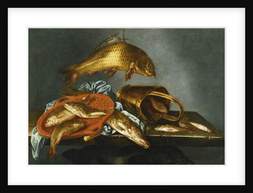 A Pike, Carp, Tench and Roach with a Sieve and a Brass Bucket on a Ledge, 1661 by Abraham Susenier