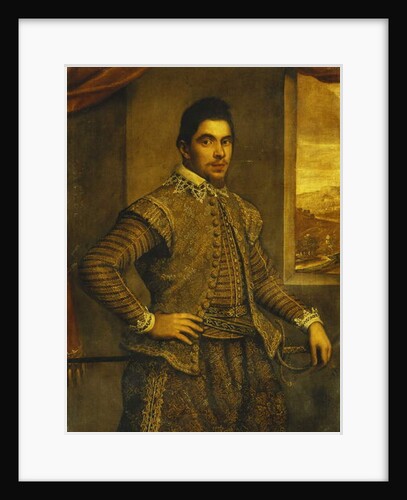 Portrait of a Gentleman, Standing Three-Quarter Length, Wearing an Elaborately Embroidered Costume, Before a Window, a Landscape Beyond by Domenico Robusti Tintoretto