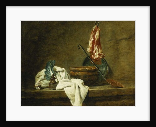 Beets, a Spice Box, a Dishcloth, a Pot, a Glazed Earthenware Plate, a Skimmer, with Meat on a Hook, on a Ledge, 1734 by Jean-Baptiste Simeon Chardin