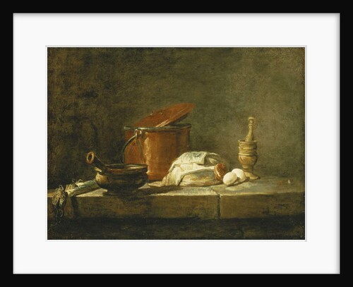 Leeks, a Casserole, a Copper Pot with a Cover, a Slice of Fish, an Onion and Two Eggs, with a Pestle and Mortar, on a Ledge, 1734 by Jean-Baptiste Simeon Chardin