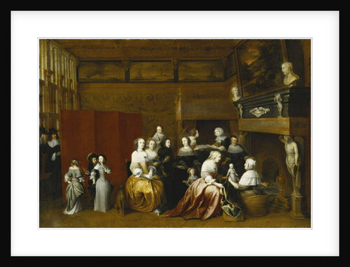 Ladies Celebrating the Birth of a Child, and Gentlemen Looking on from Behind a Screen, in an Interior, by Hieronymus Janssens