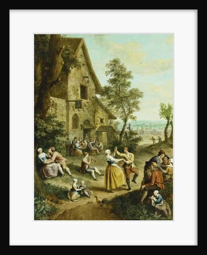 Peasants Dancing and Merry-Making Before a Tavern, a Walled Town Beyond, by Louis Joseph (1731-98) Watteau