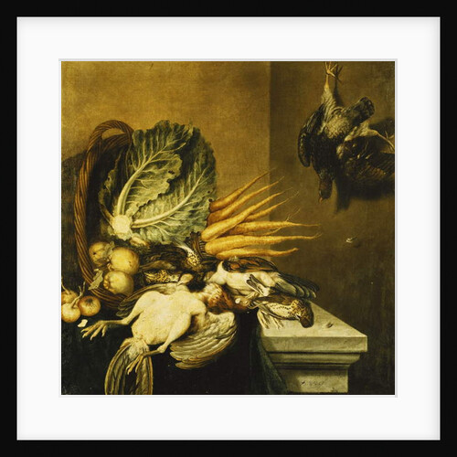 An Overturned Basket of Fowl, Turnips, Apples, Onions and a Cabbage on a Ledge Draped with a Green Cloth by Jacobus Biltius