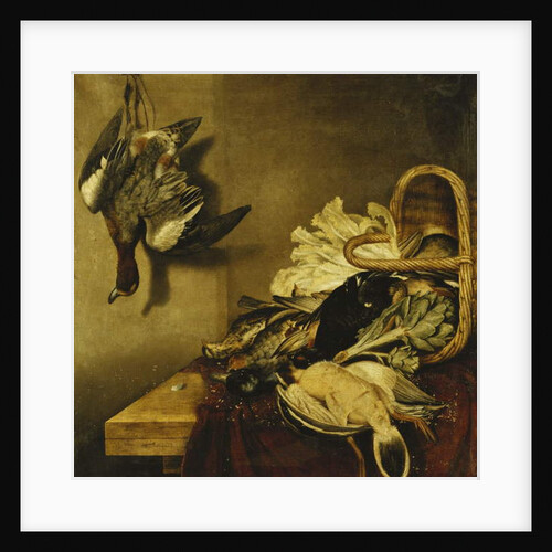 An Overturned Basket of Fowl, a Hare, an Artichoke and Lettuce on a Ledge Draped with a Red Cloth by Jacobus Biltius