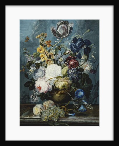 Roses, a Tulip, an Iris, Dahlias, Lamium, Forget-me-nots, Convolvulus, Auricula and Delphiniums in a Vase with Grapes and Peaches on a Stone Ledge by Ladislaus Tumal