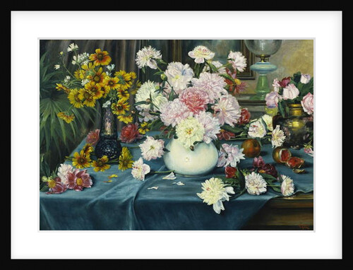 Peonies, Roses and other Flowers in Vases on a Table draped with a Blue Cloth, 1913 by Anna Knittel
