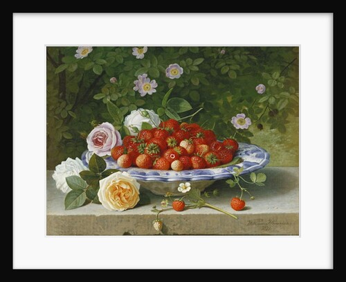 Strawberries in a Blue and White Buckelteller with Roses and Sweet Briar on a Ledge, 1871 by William Hammer