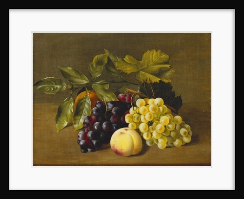 A Peach, an Orange and Grapes on a Wooden Ledge by William Hammer