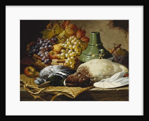 A Mallard and a Woodpigeon with a Basket of Apples and Grapes on a Wooden Ledge by Charles Thomas Bale