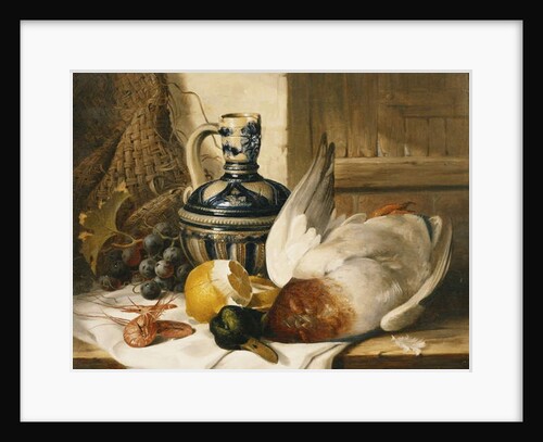 A Mallard, a Jug, a Peeled Lemon, Grapes and Shrimps on Draped Ledge by Edward Ladell