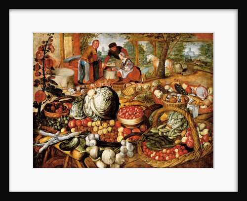 A greengrocer's stall with the Flight Into Egypt beyond by Joachim Beuckelaer or Bueckelaer