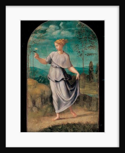 Young woman holding a flower with an extensive landscape beyond by Girolamo da Carpi
