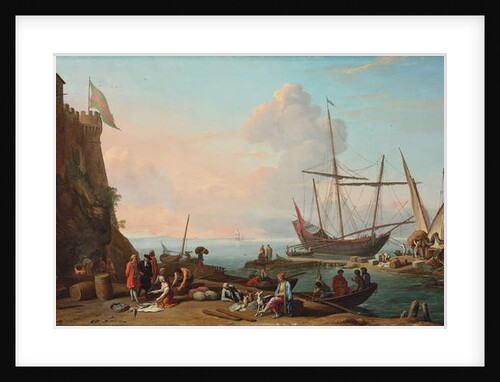 A Mediterranean harbour with stevedores unloading their ships, figures selling fish in the foreground by a fortress by Adrien Manglard