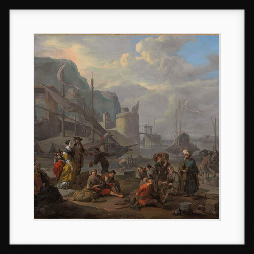 A Mediterranean port with an elegant couple and travellers resting by the quay by Johannes Lingelbach