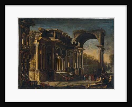 Capriccio with Roman ruins and Christ with the Woman Taken in Adultery by Francesco Maglioli