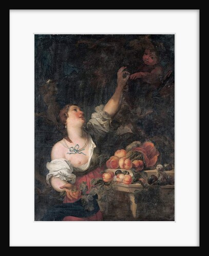 A woman picking grapes and a putto by a Classical pedestal adorned with fruit by Il & Brueghel Abraham Borgognone