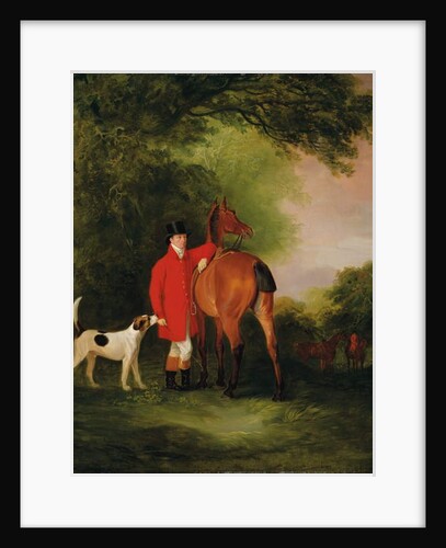 Portrait of Lord Lismore in a hunting coat with his bay hunter and a hound, in a landscape, a hunting party beyond by John E. Ferneley