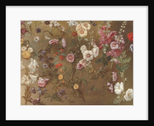 Composition of flower studies including carnations, pincushion flowers, bouncing bet, mallow; hollyhocks, African marigols, forget-me-nots by Hyacinthe Francois Rigaud