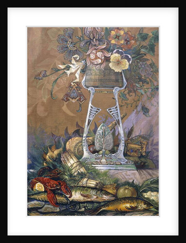 Flowers in a Vase on a Stand with Asparagus, Lobsters, Oysters and Fish by Dragutin Inkiostri-Medensak