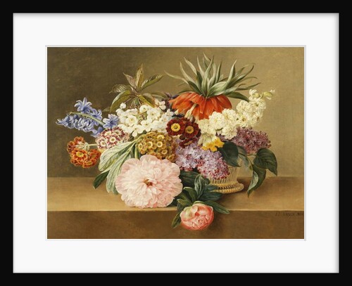 Iris, Lilac, Primulae, Blossom and Peonies in a Basket by Johan Laurents Jensen