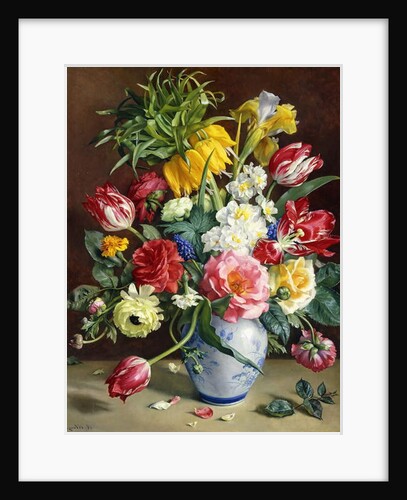 Tulips, Roses, Narcissi and other Flowers in a Blue and White Vase by R. Klausner