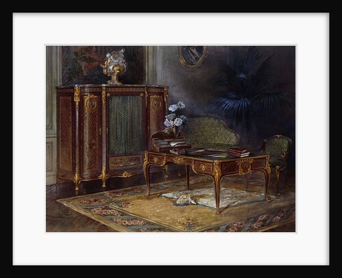 An Interior with a Louis XV Style Ormulu-mounted and Parquetry Bureau Plat and Bibliotheque43.4cm., by French School