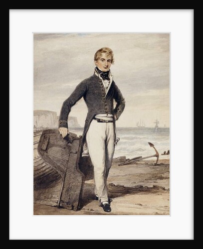 Portrait of Edward Pocock R.N., small full length, Standing Beside a Beached Rowing Boat at Low Tide by Henry Edridge