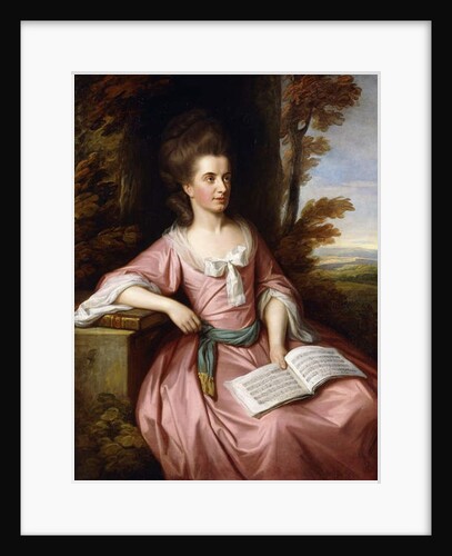Portrait of Martha Ray, seated three-quarter-length, in a Pink Dress with a Blue Sash, holding a Musical Score, in a Landscape, 1777 by Nathaniel Dance