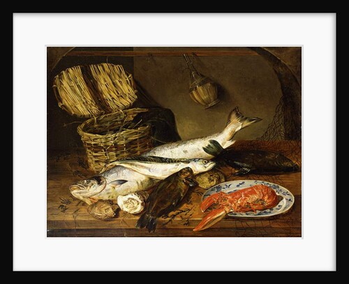 A Salmon, a Mackerel, a Lobster on a Plate, a Wicker Basket, Oysters, a Chianti Bottle and a Fisherman's Net on a Wooden Table, 1854 by Emily Stannard