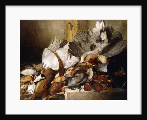 A Still Life of Dead Birds; A Heron Hanging from a Wall, Duck, Pheasant, Partridge, Woodcock, a Swan and a Pigeon with a Hare, 1845 by W. Oakes