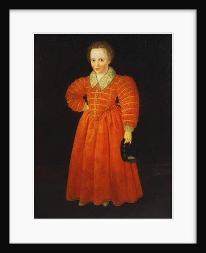 Portrait of a Little Boy, standing full length wearing a Red Dress within a White Lace Collar, holding a Black Hat by Robert the Elder Peake